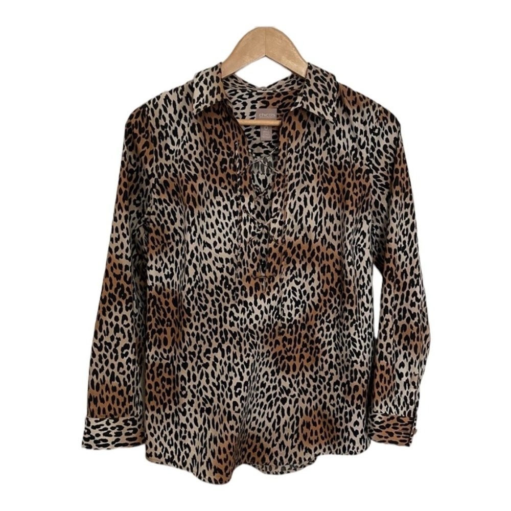 Chico's Leopard Print Long Sleeve Button Down‎ Blouse Size Small (0)